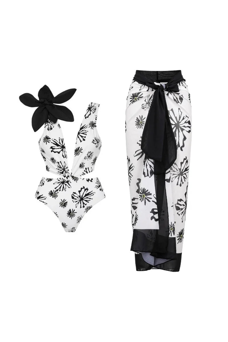 Floral Appliqué Printed White One-Piece Swimsuit-ROVOLE