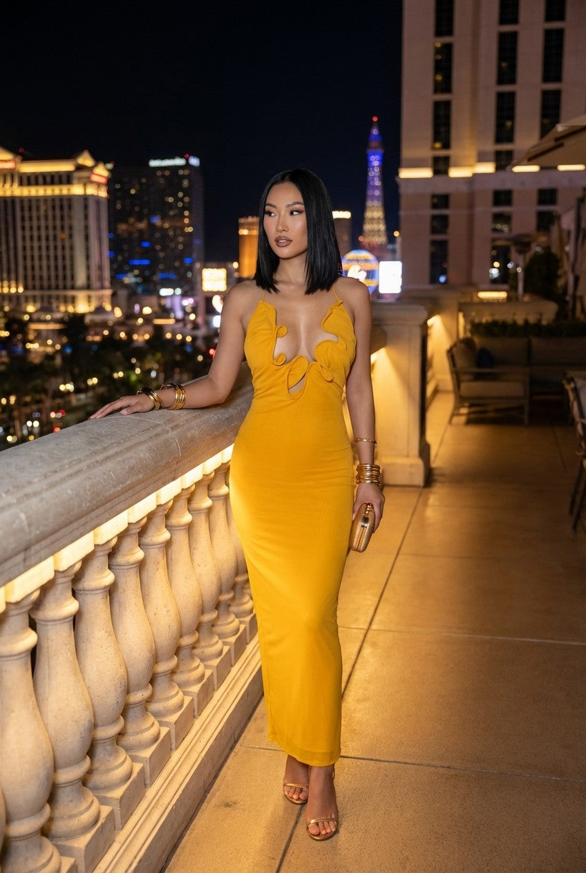 Women's Mustard Yellow Ruffled Cut-Out Maxi Dress Bodycon Evening Gown