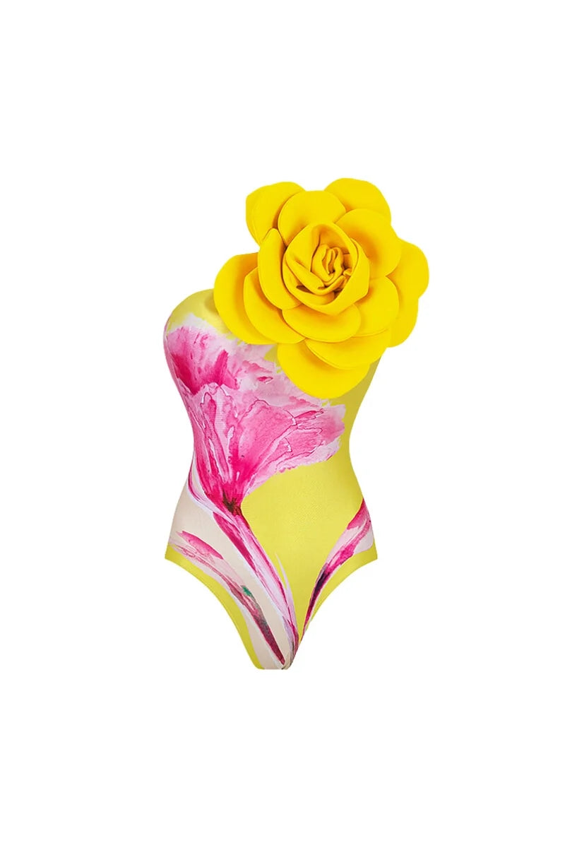 Floral Print Swimsuit with 3D Flower Detail-ROVOLE