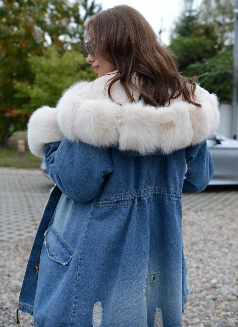 Trafni Women Lady Girl Fleece Lining Jean Jacket Hooded Parka Denim Winter Coat Outwear SIZE S-XXXL-Massicos