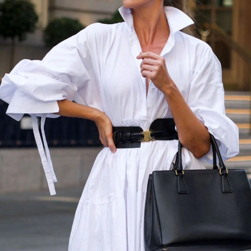 Fashion Pure White Lapel Belt Dress-ROVOLE
