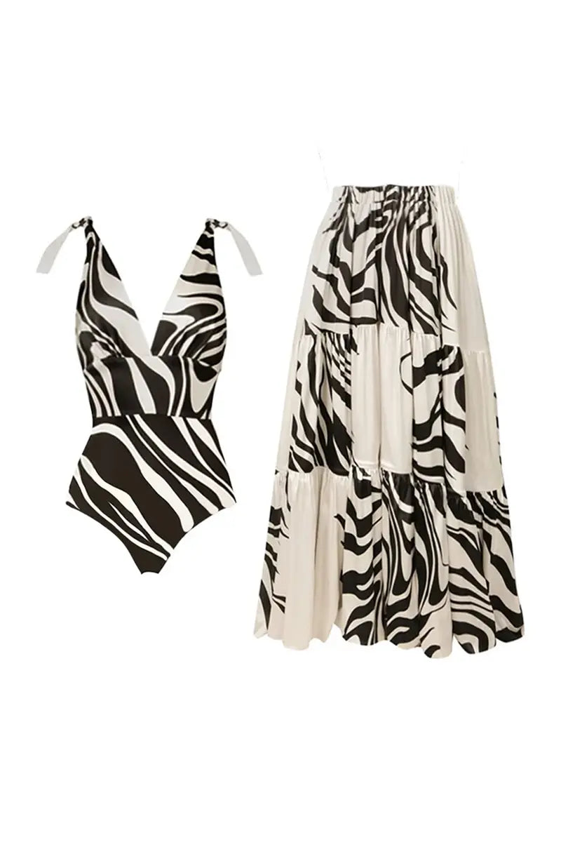 Deep V Striped Monochrome Elegant Swimsuit-ROVOLE