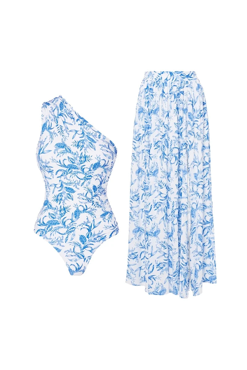 Fresh Floral One-Shoulder Blue Set-ROVOLE