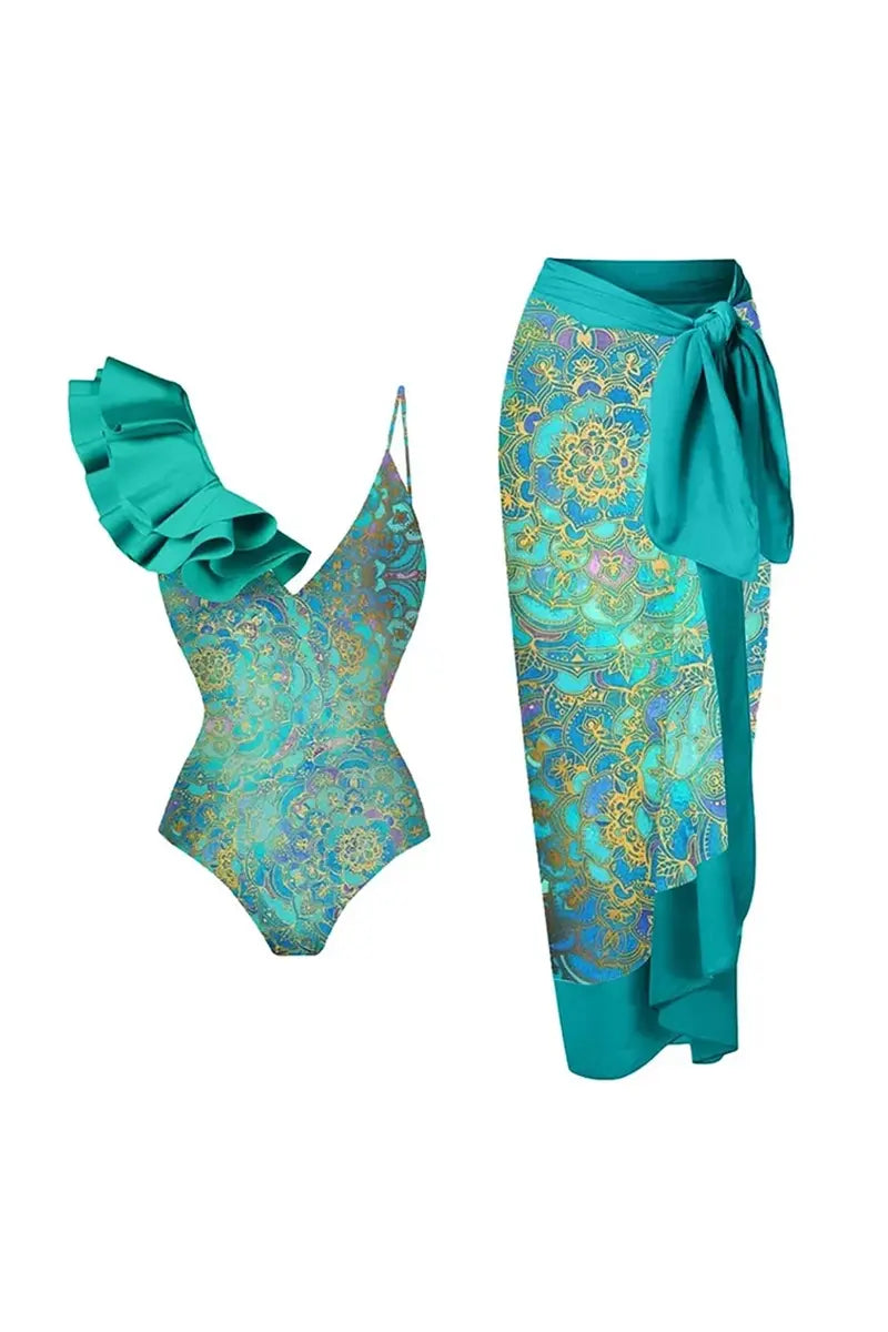 Boho Ruffle Print One Piece Swimsuit Set-ROVOLE