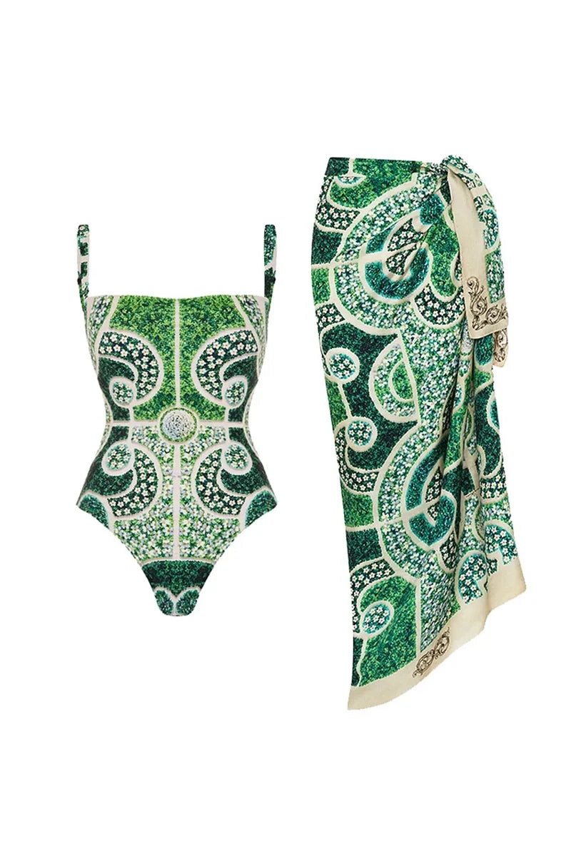 Green Ethnic Print One Piece Swimsuit Set-ROVOLE