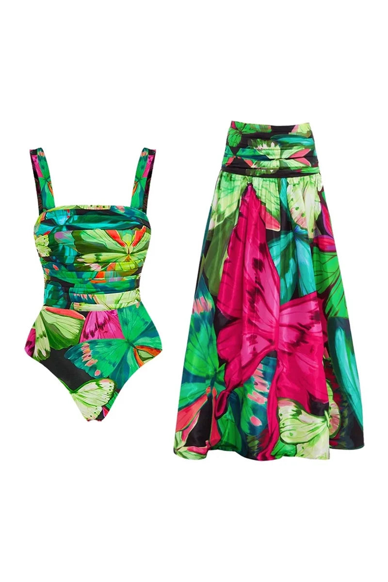 Butterfly Print Ruched Slimming Swimsuit Set-ROVOLE