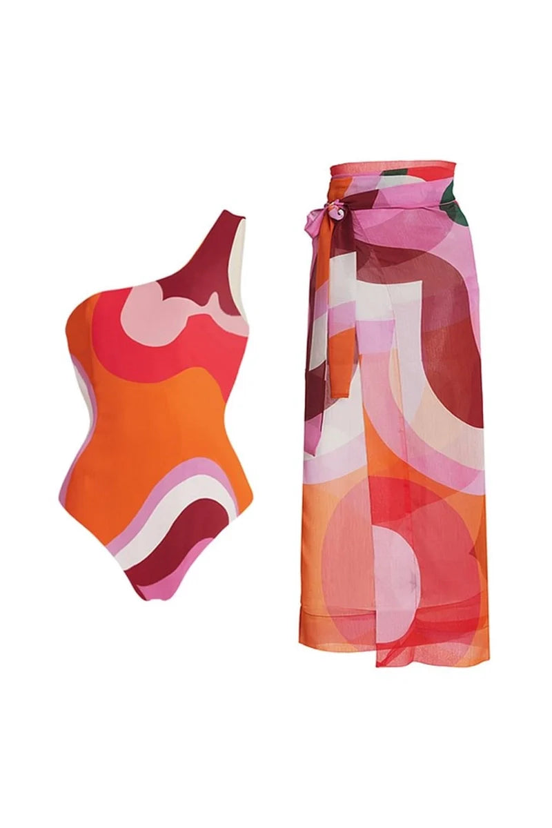 Geometric Print One Piece Swimsuit Set-ROVOLE