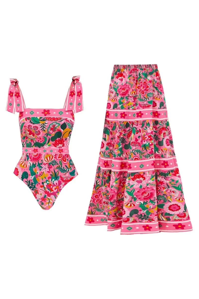 Floral Bowknot Tie One-Piece Swimsuit-ROVOLE