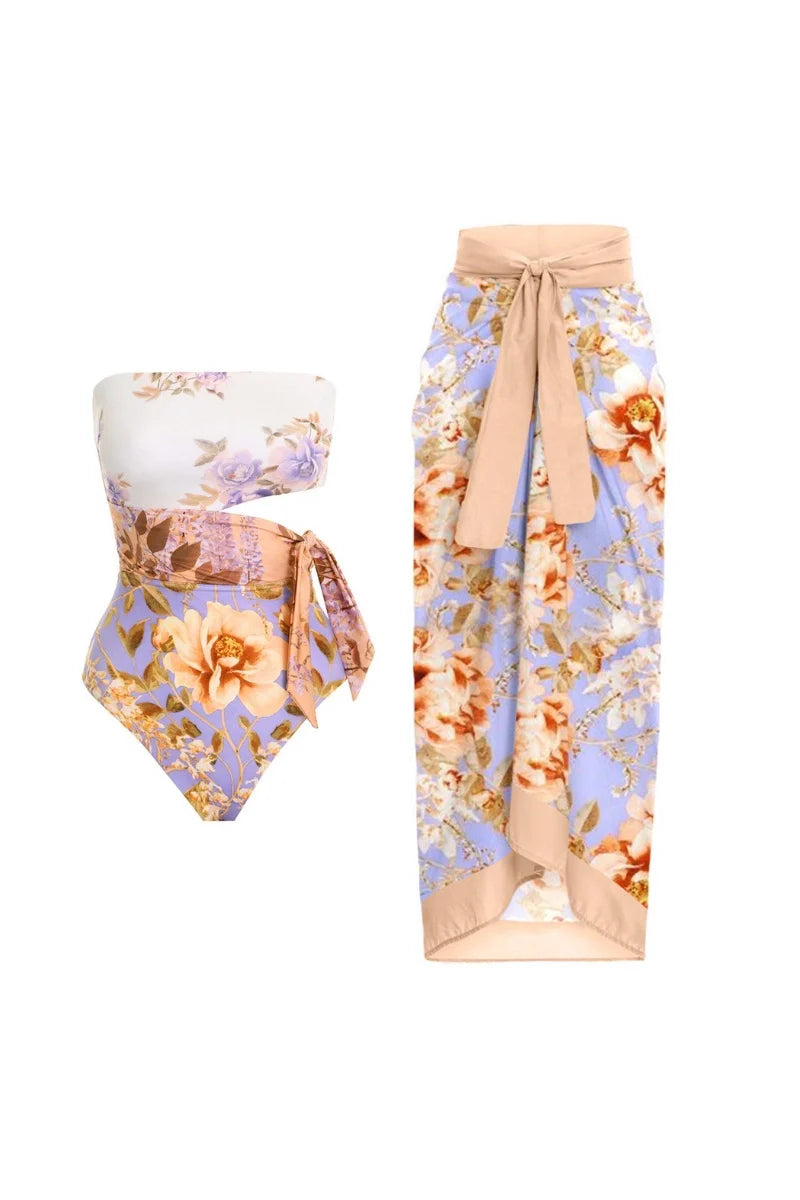 Cutout Floral Tie-Waist One-Piece Swimsuit-ROVOLE