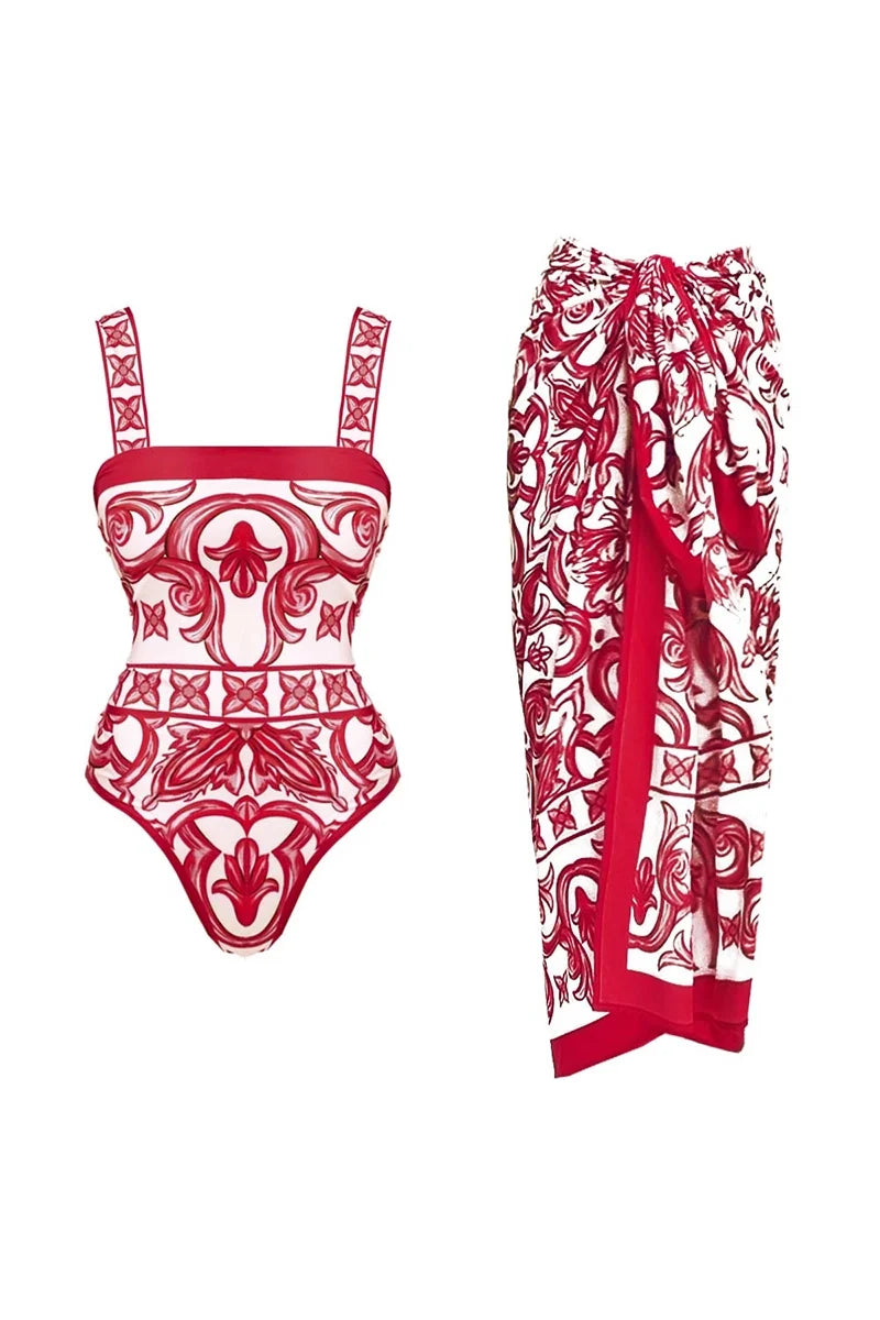 Ethnic Print One-Piece Swimsuit Set-ROVOLE