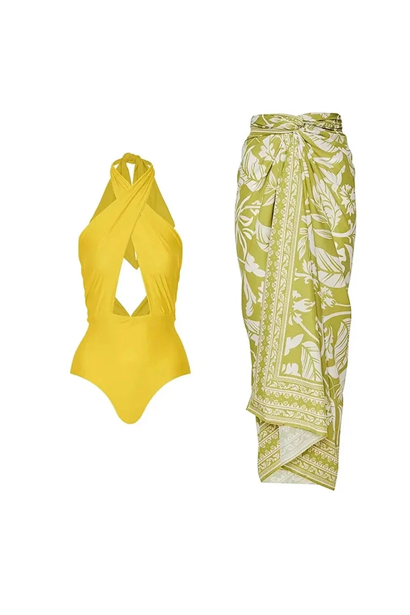 Cross Halter Solid Cutout One-Piece Swimsuit-ROVOLE