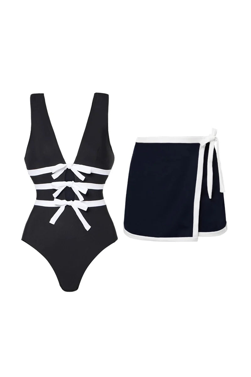 Cutout Black and White One-Piece Swimsuit-ROVOLE