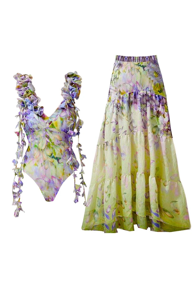 Floral Appliqué Tie-Up Fairy Style Swimsuit-ROVOLE