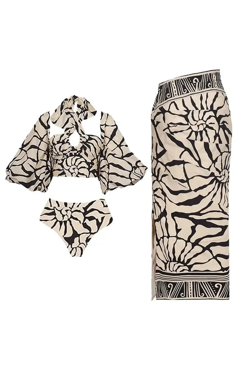 Halter Printed Swimsuit Set with Detachable Sleeves-ROVOLE
