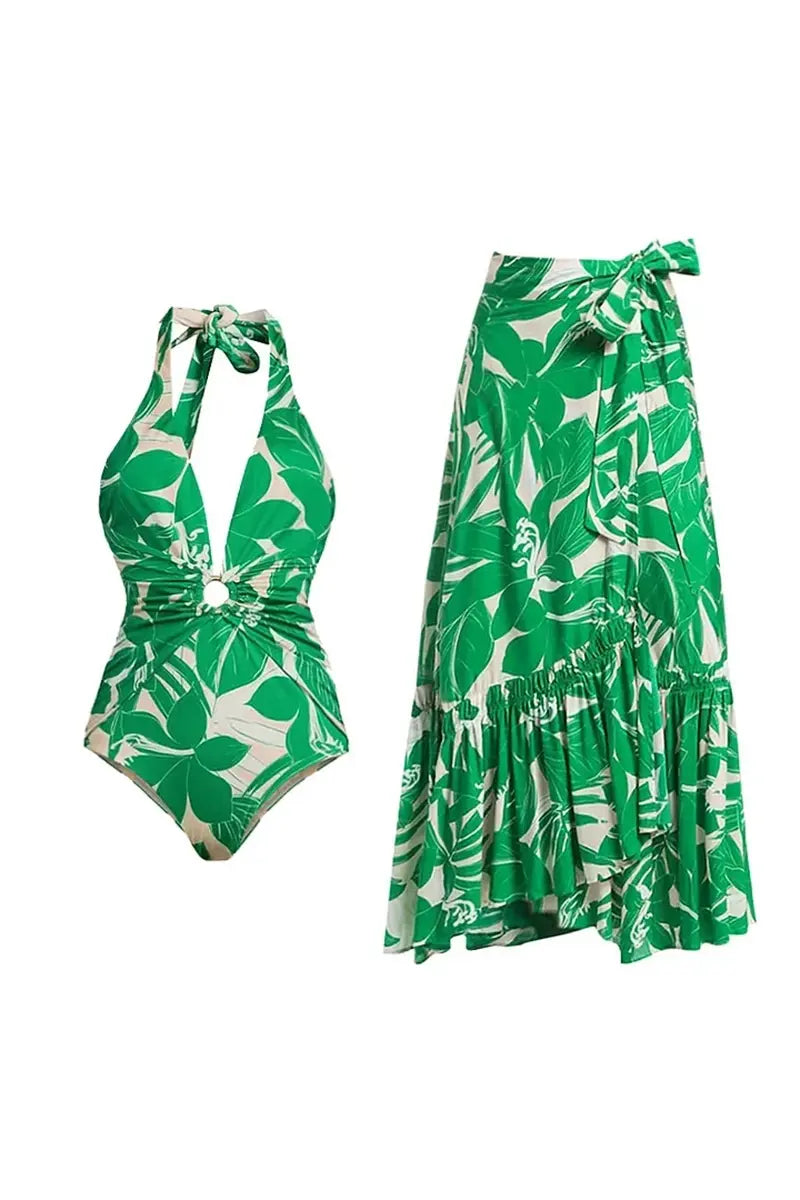 Green Halter Deep V One-Piece Swimsuit Set-ROVOLE