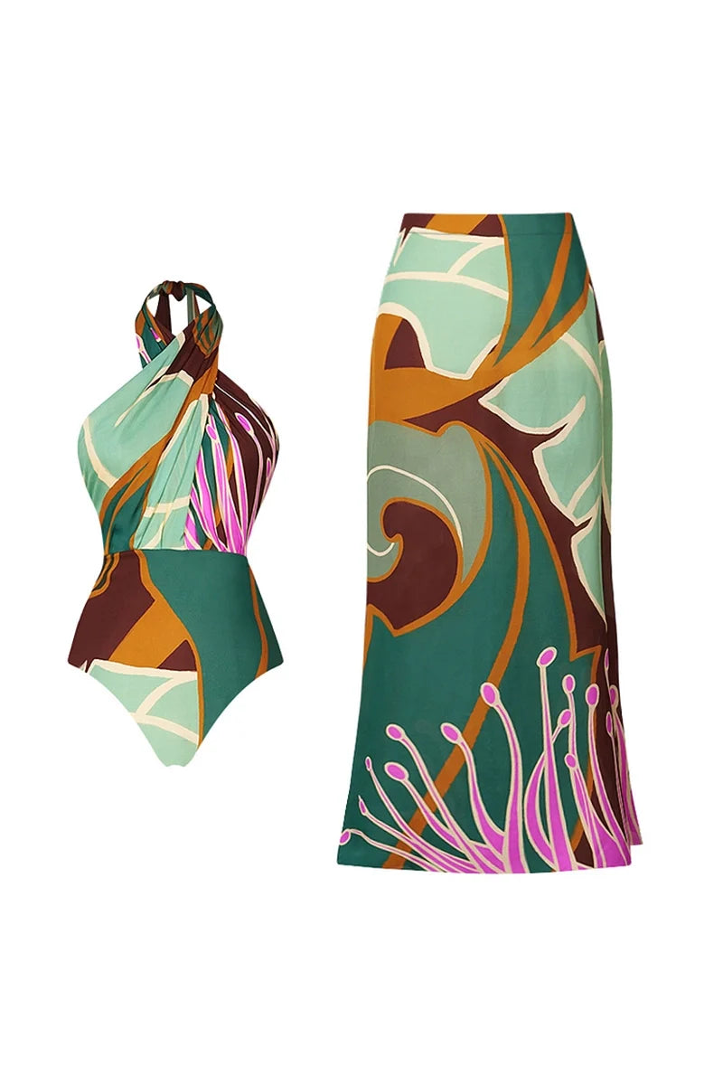 Halter Cross Backless Floral Swimsuit Set-ROVOLE