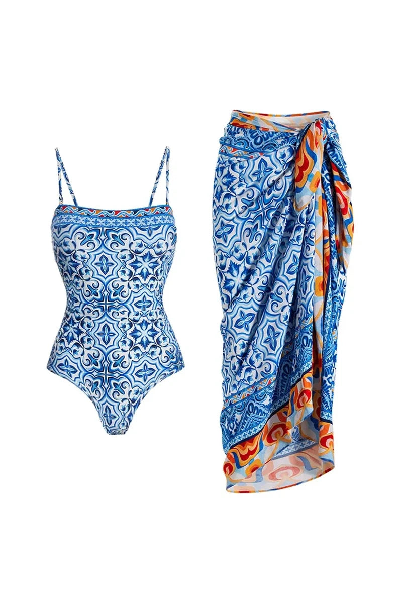 Blue Ethnic Print Swimsuit Set-ROVOLE