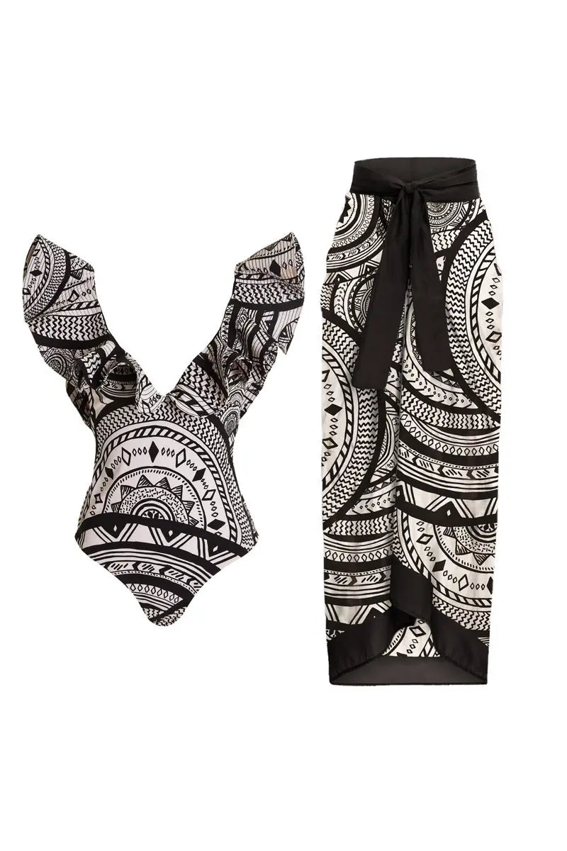 Deep V Ruffle Vintage Print Swimsuit-ROVOLE