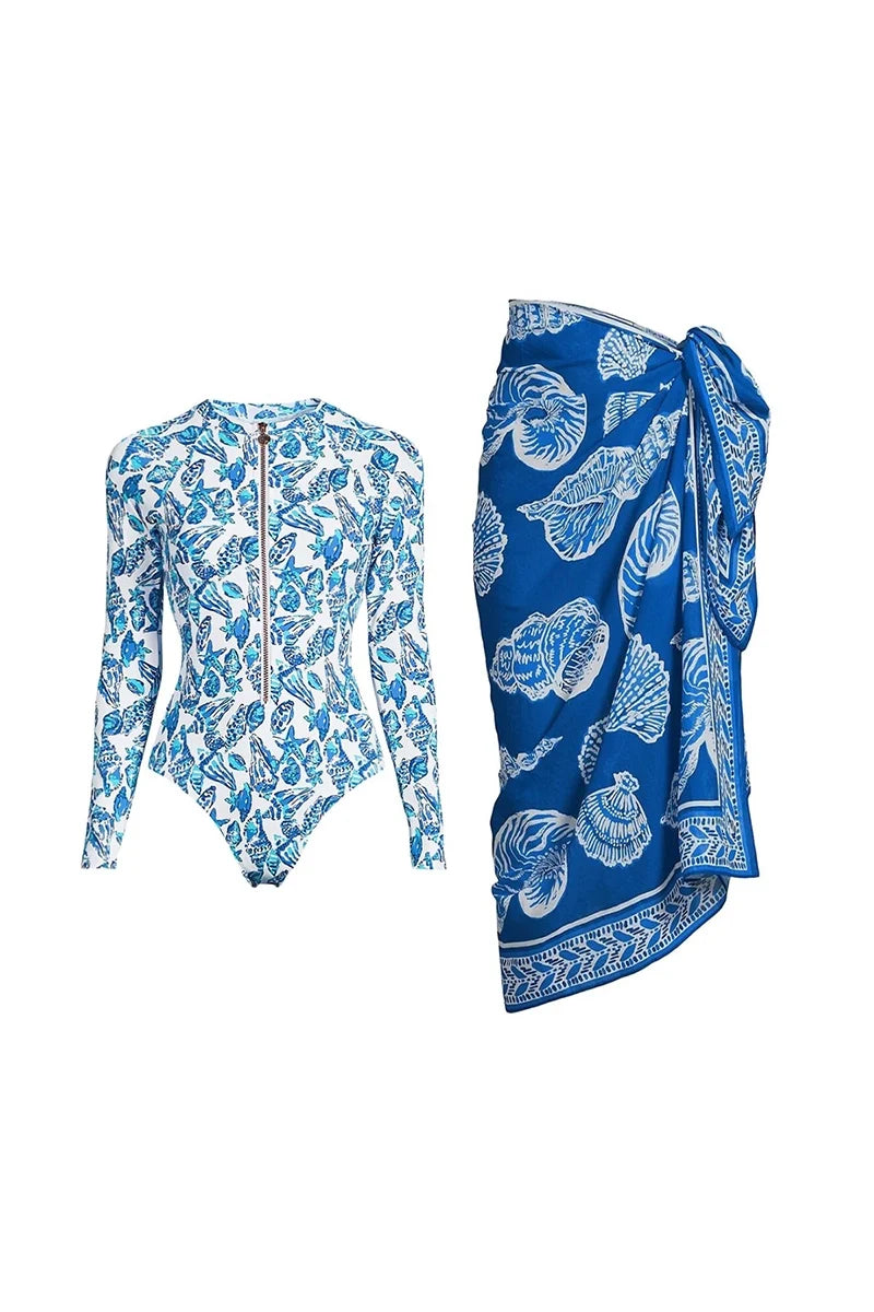 Green Zip-Up Floral Surf Swimsuit Set-ROVOLE