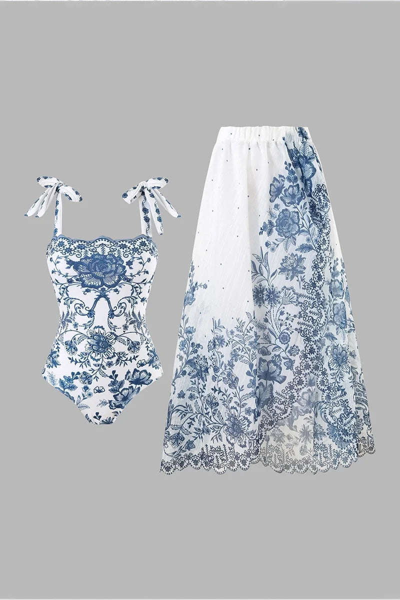 Floral Bow Tie One-Piece Swimsuit Set-ROVOLE