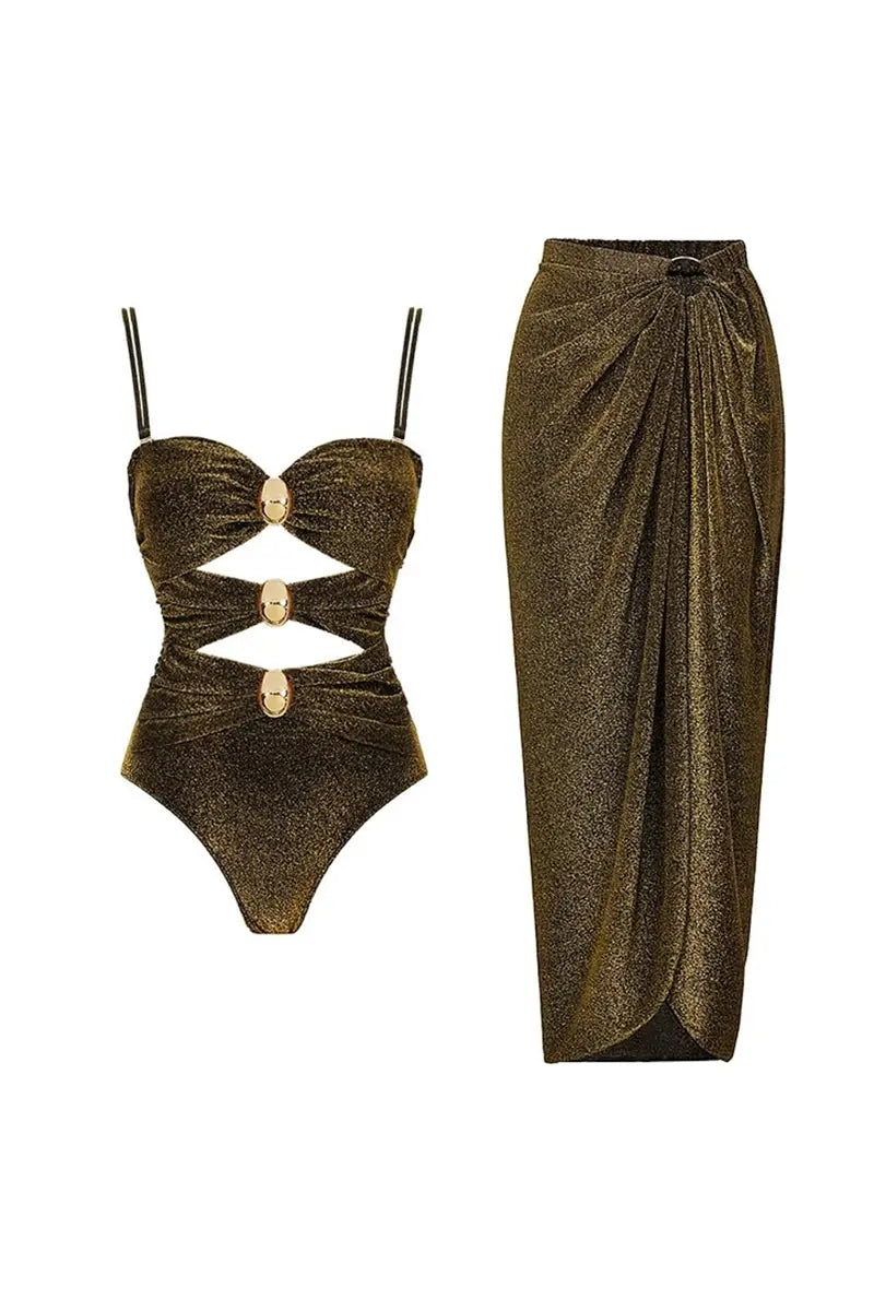 Gold Buckle Cutout Glossy One Piece Swimsuit Set-ROVOLE