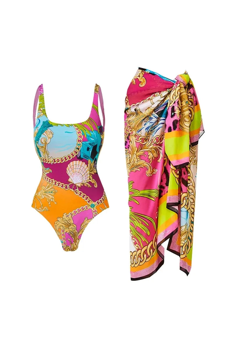 Colorblock Cartoon Print One-Piece Swimsuit-ROVOLE