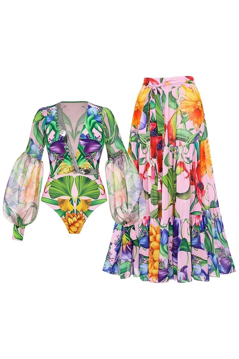 Deep V Lantern Sleeve Printed Swimsuit Set-ROVOLE