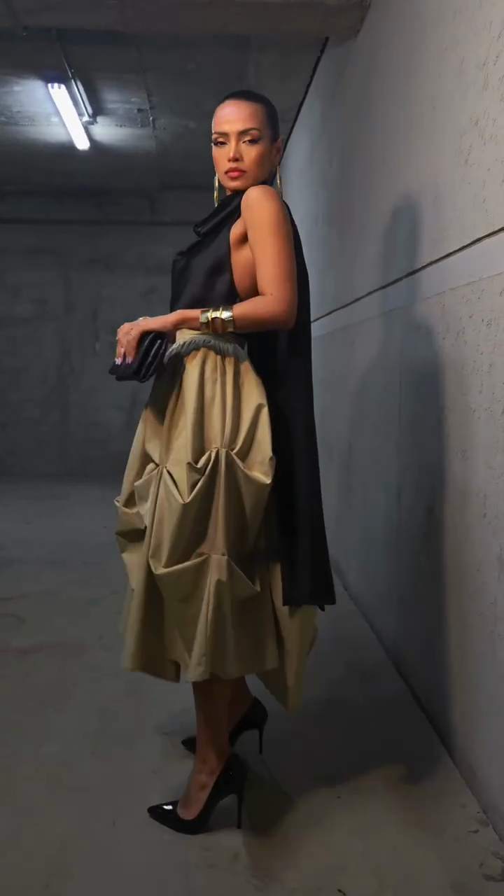 Black Satin Top and Khaki Pleated Midi Skirt Set-ROVOLE