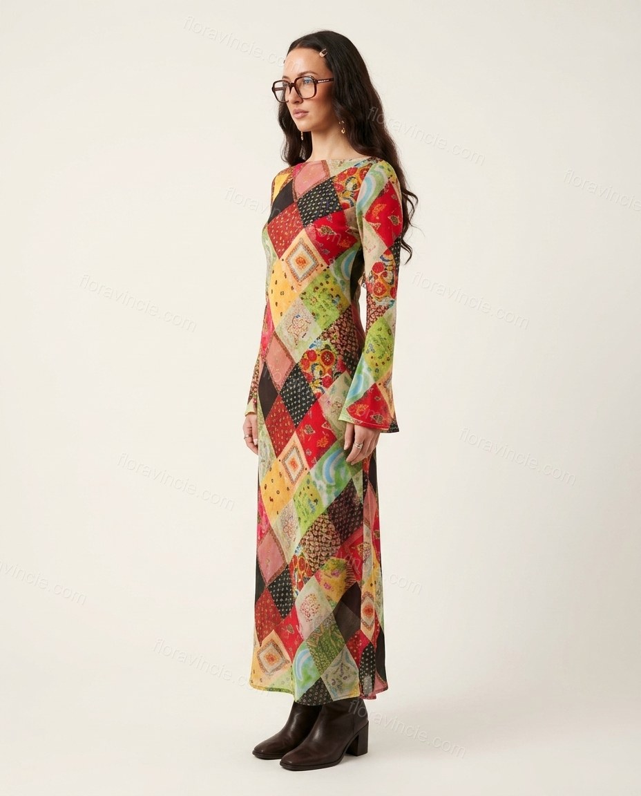 Multi-Color Patchwork Maxi Dress, side and back studio view, by Floravincie