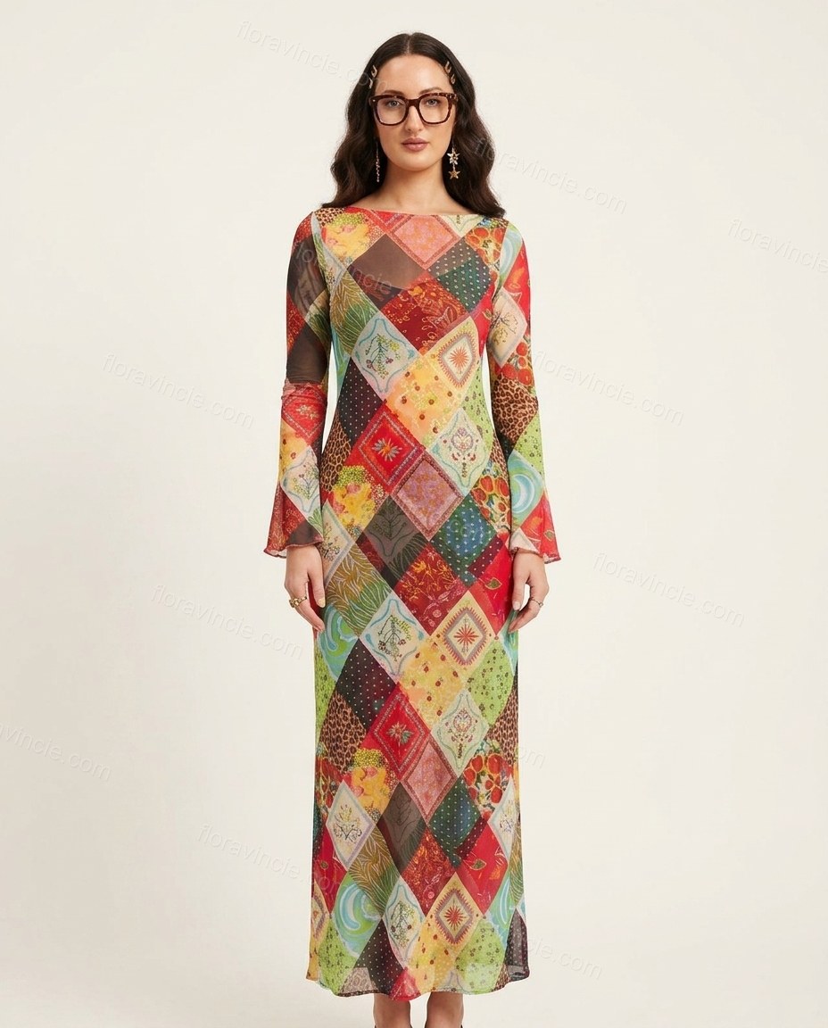 Multi-Color Patchwork Maxi Dress, front studio view, by Floravincie