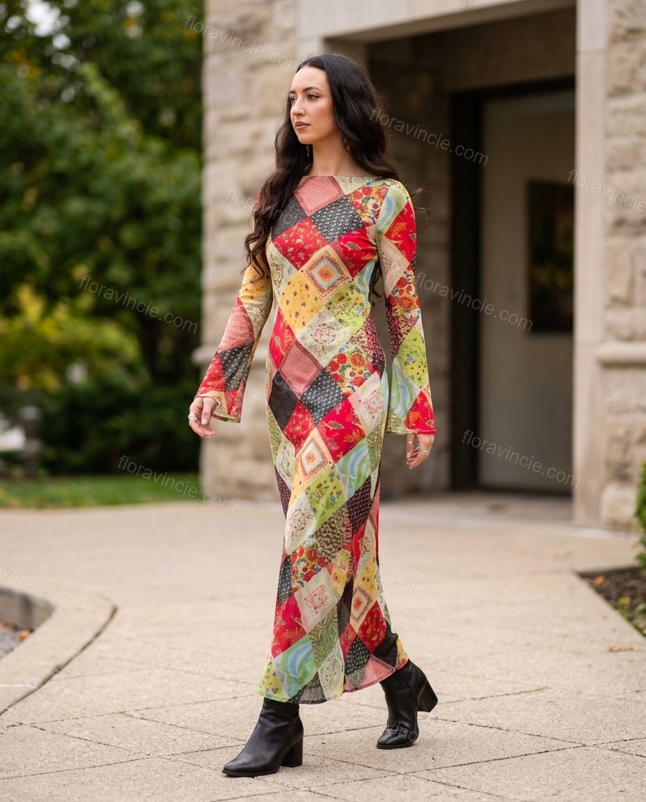 Multi-Color Patchwork Maxi Dress, walking lifestyle view, by Floravincie