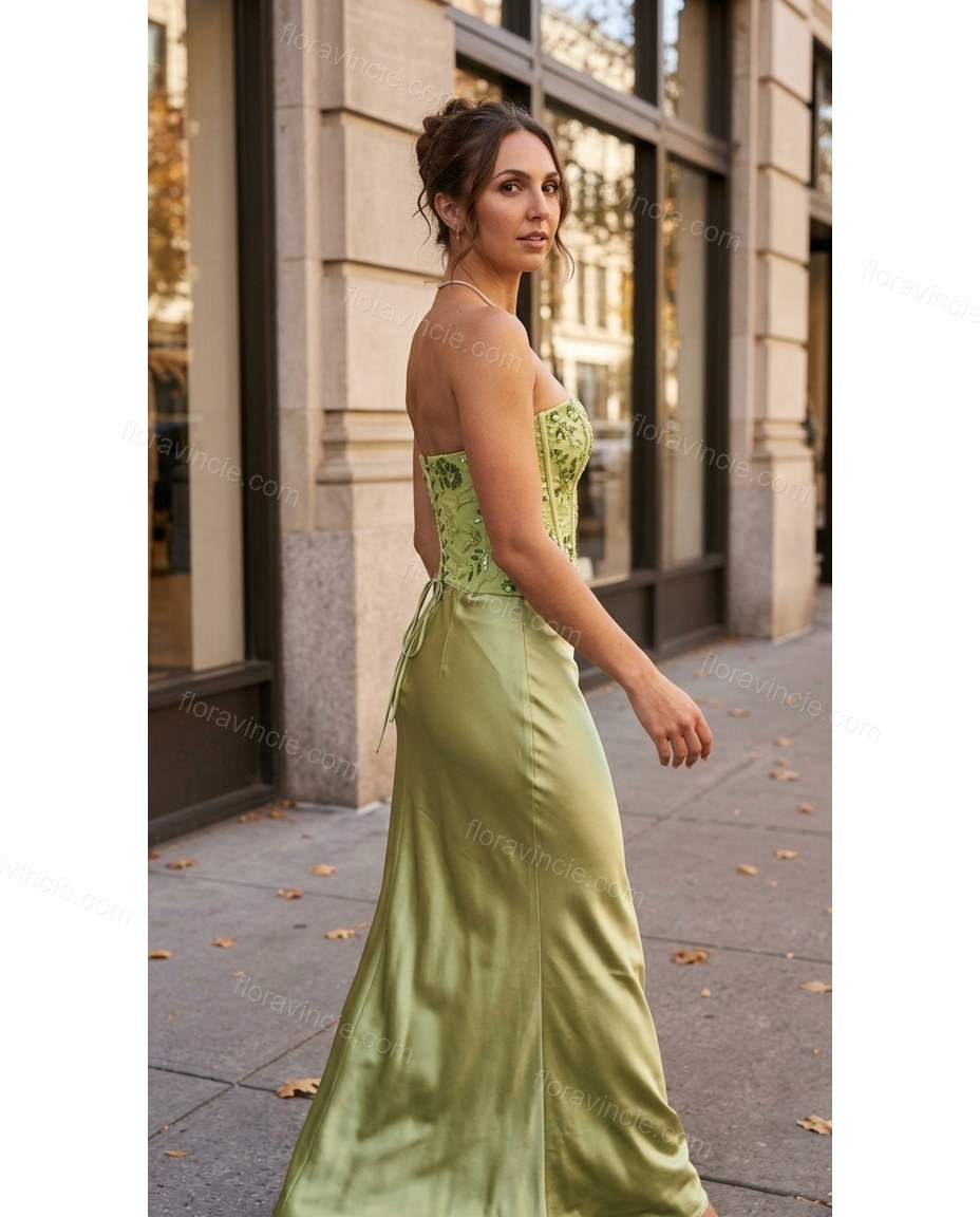 Light Green Floral Maxi Strapless Top & Skirt Set, walking lifestyle view, by Floravincie