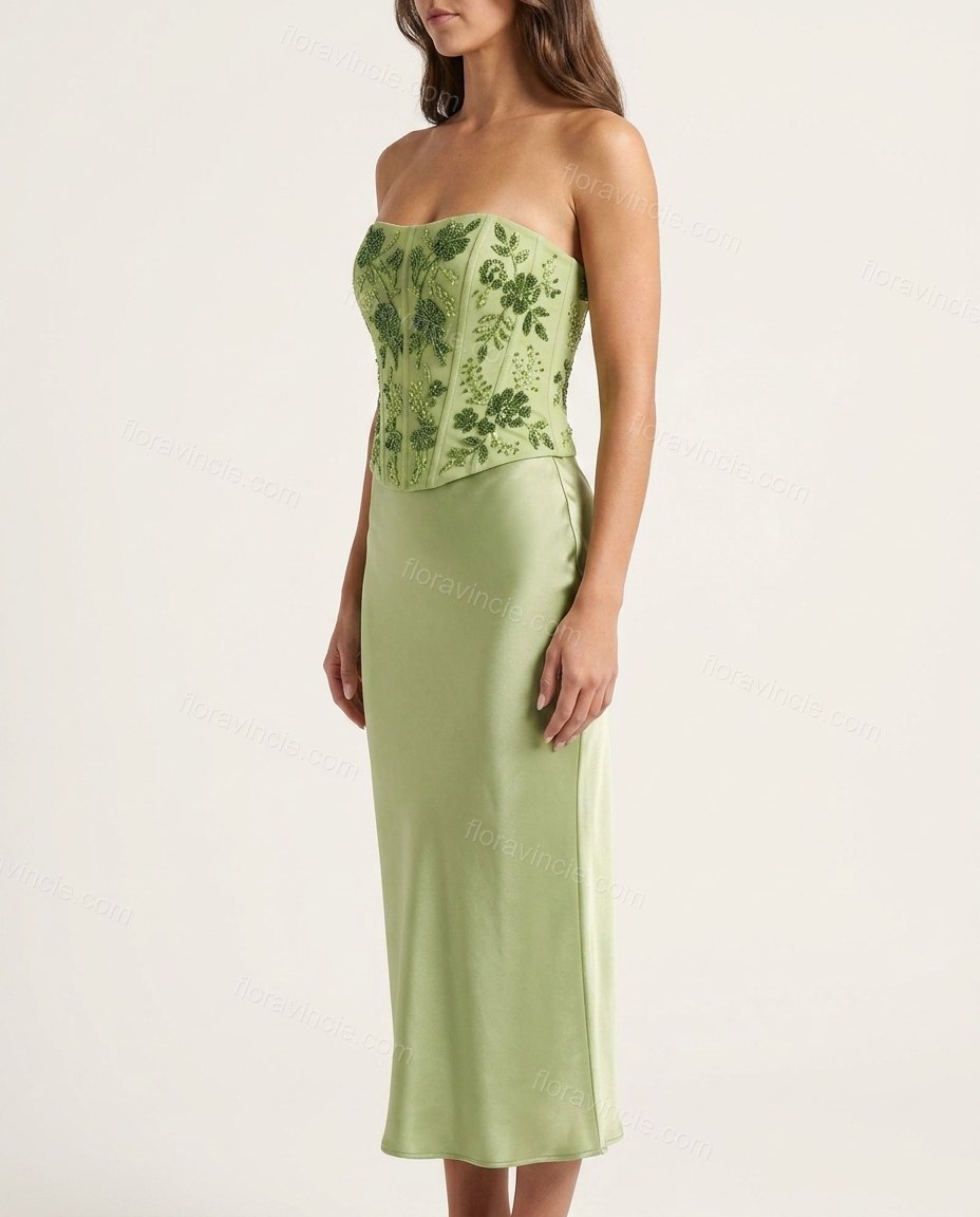 Light Green Floral Maxi Strapless Top & Skirt Set, side and back studio view, by Floravincie