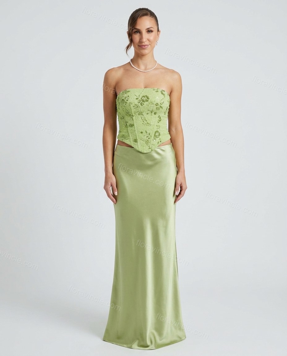 Light Green Floral Maxi Strapless Top & Skirt Set, front studio view, by Floravincie