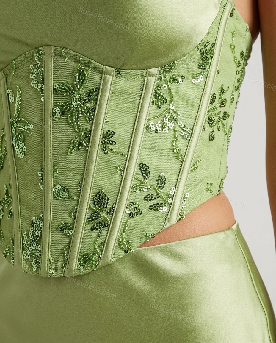 Light Green Floral Maxi Strapless Top & Skirt Set, close-up of floral embroidery, by Floravincie