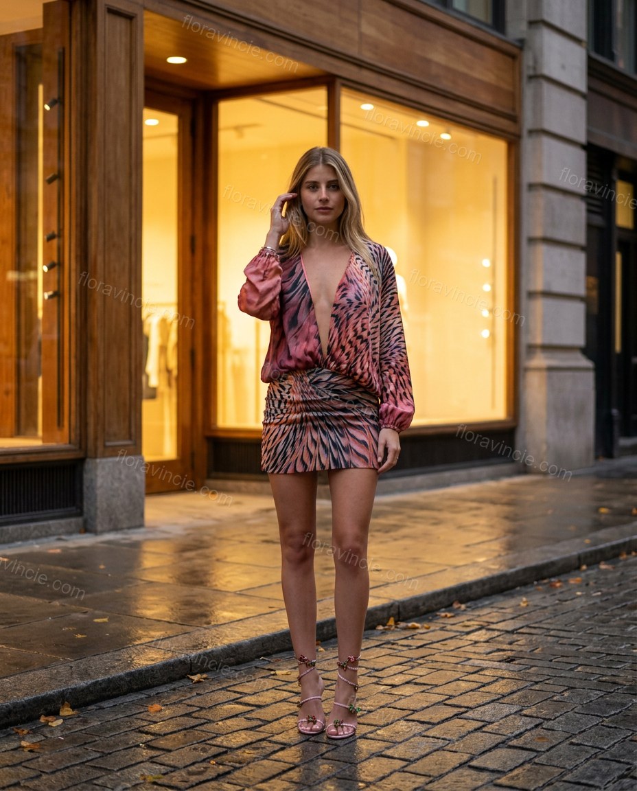 Pink Animal Print Mini Satin Dress, three-quarter brand lifestyle view, by Floravincie