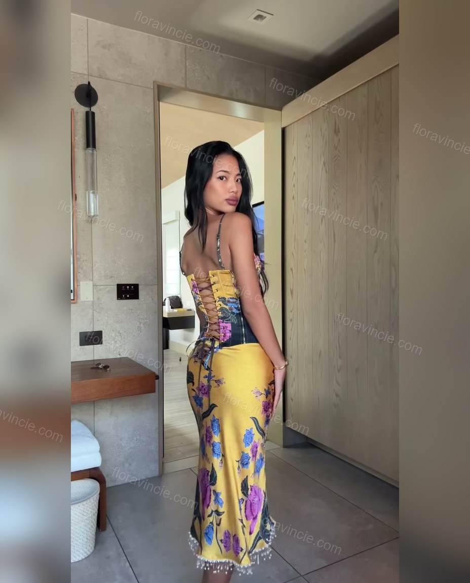 Yellow Polished Floral Skirt Set Yellow Skirt Set with Structured silhouette and Satin texture, side or back garment view for Day-to-Night, a polished weekend event, Fall late-summer city plans and early-fall occasions, US Coastal Glam by Floravincie