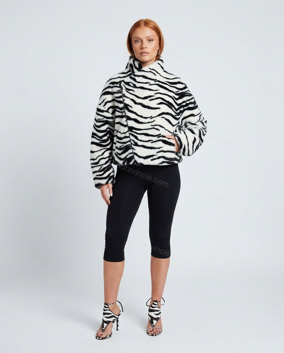 White Animal Print Asymmetric Jacket, front studio view, by Floravincie