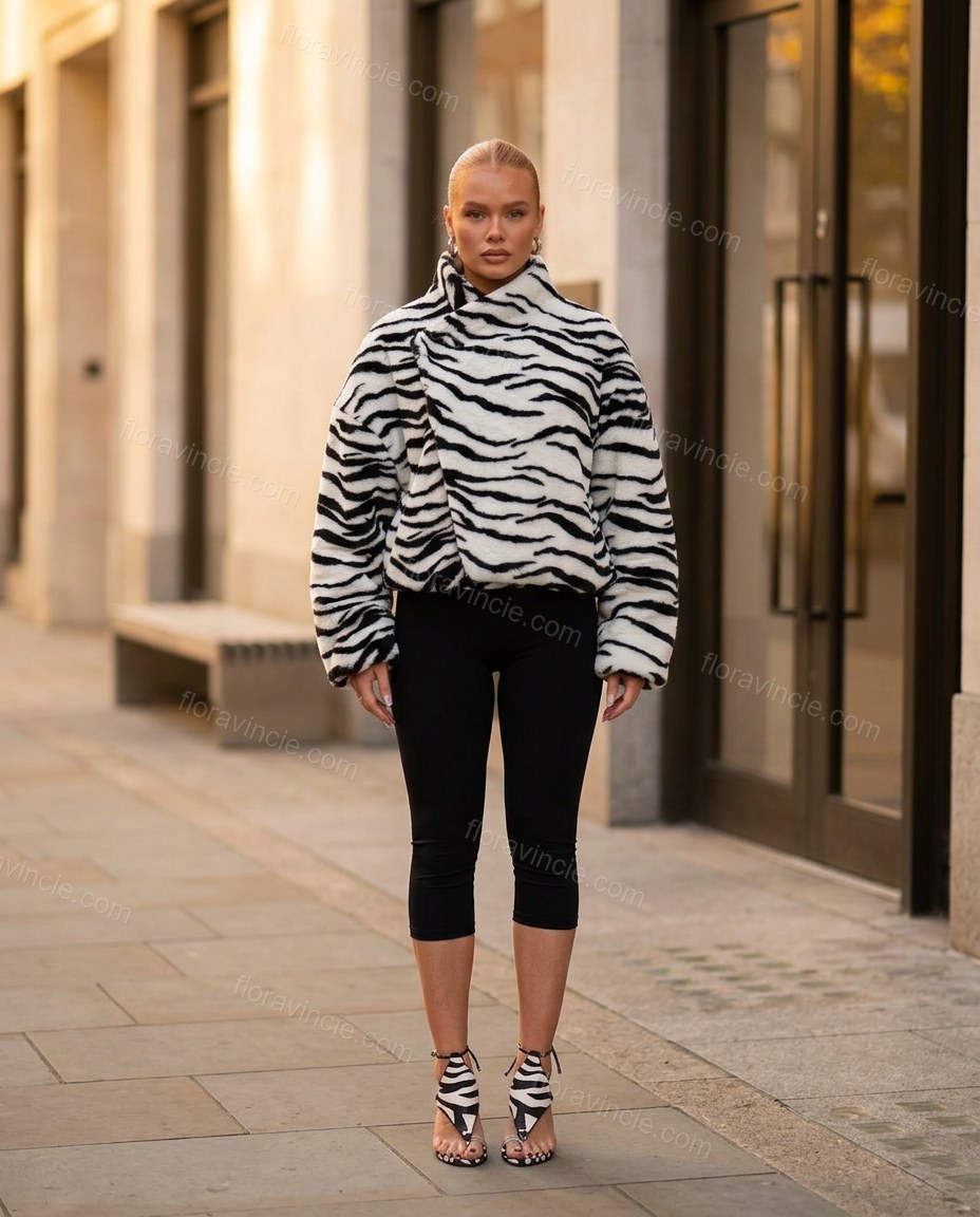 White Animal Print Asymmetric Jacket, three-quarter brand lifestyle view, by Floravincie