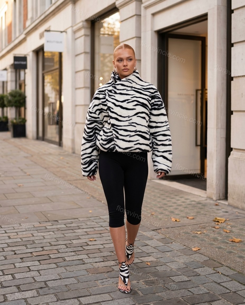 White Animal Print Asymmetric Jacket, movement and fit lifestyle view, by Floravincie