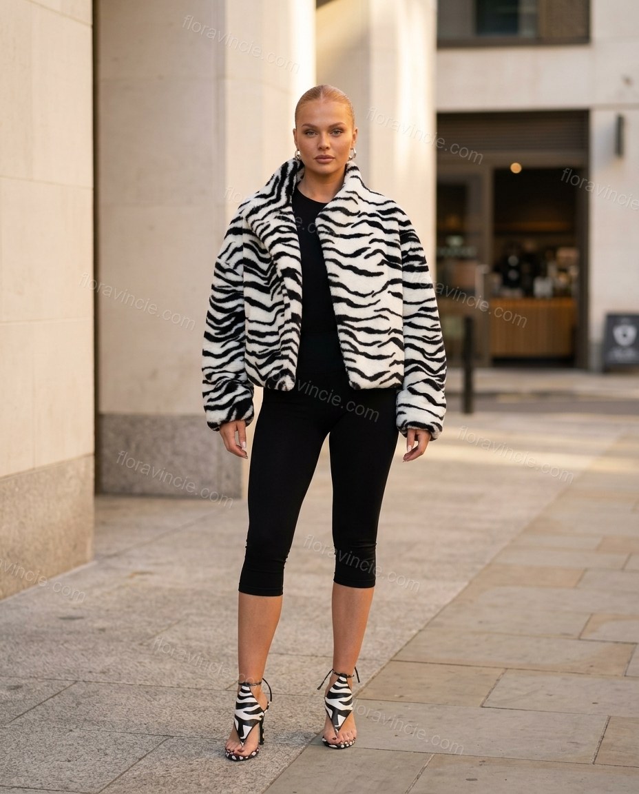 White Animal Print Asymmetric Jacket, full-length hero view, by Floravincie