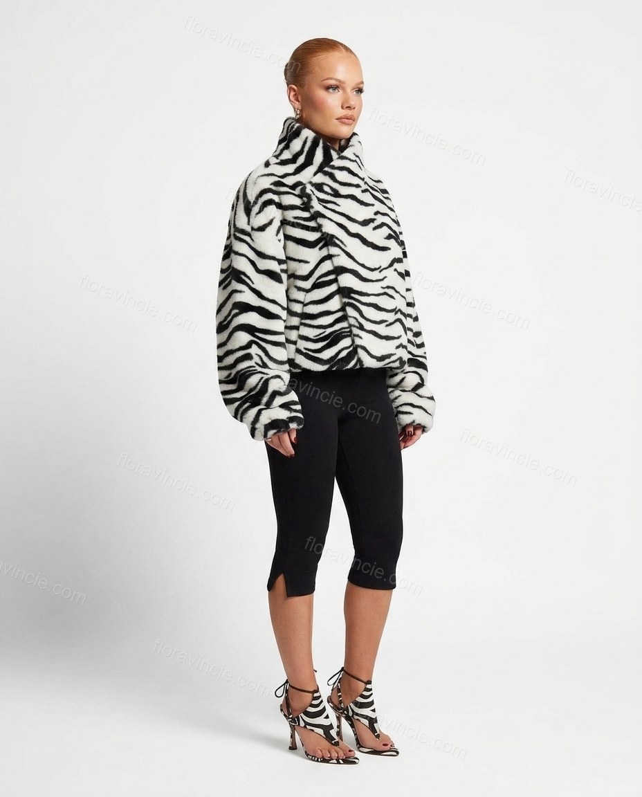 White Animal Print Asymmetric Jacket, side and back studio view, by Floravincie
