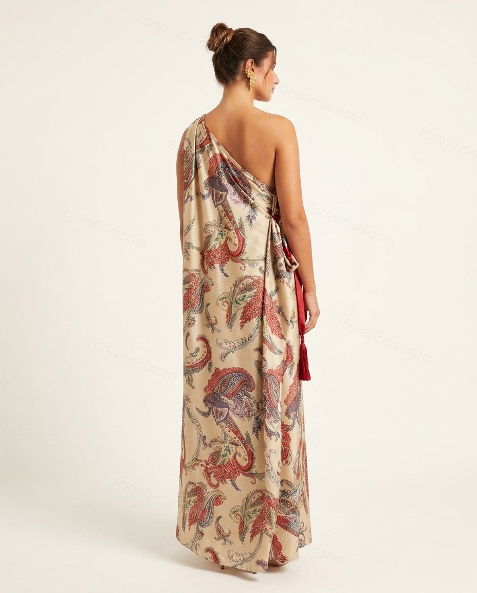 Beige Paisley Maxi One-Shoulder Dress, back studio view showing smooth continuous back panel with draped fabric, by Floravincie