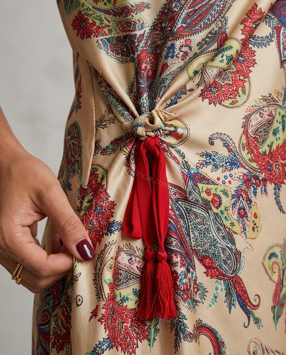 Beige Paisley Maxi One-Shoulder Dress, close-up of paisley, by Floravincie