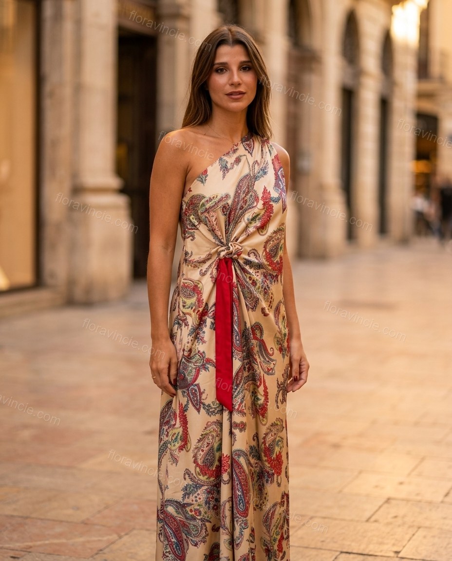 Beige Paisley Maxi One-Shoulder Dress, full-length hero view, by Floravincie