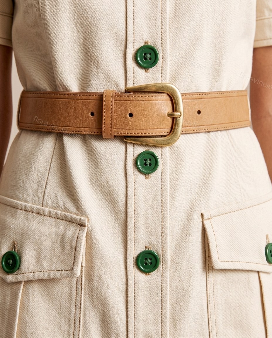 Cream Mini Dress, close-up of green accents, button front and flap pockets, by Floravincie