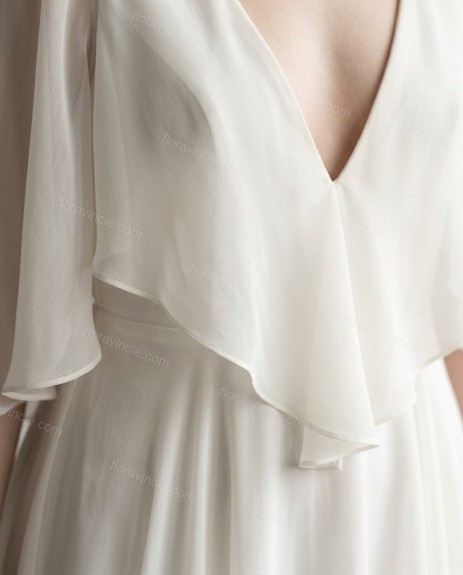 White Maxi Open-Back Ruffled Dress, close-up of ruffled skirt, open back and flutter sleeves, by Floravincie