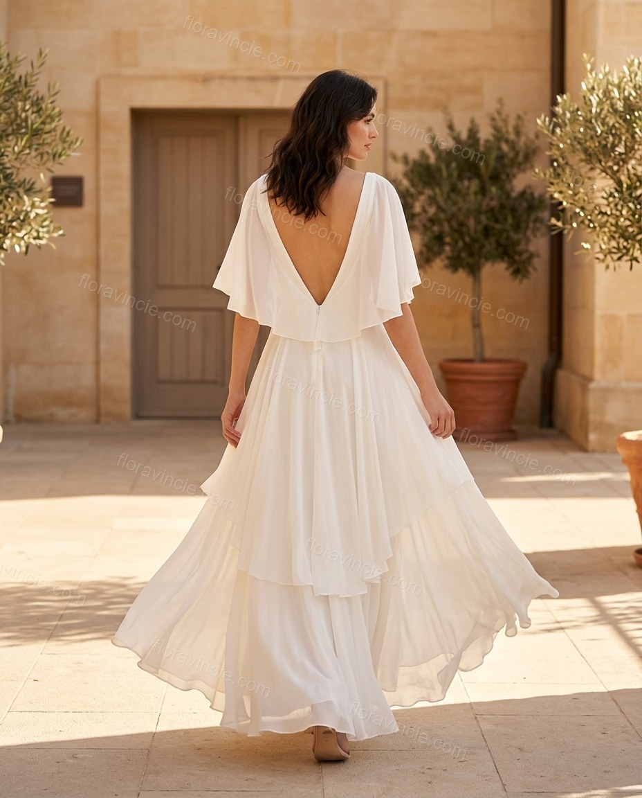 White Maxi Open-Back Ruffled Dress, walking lifestyle view, by Floravincie
