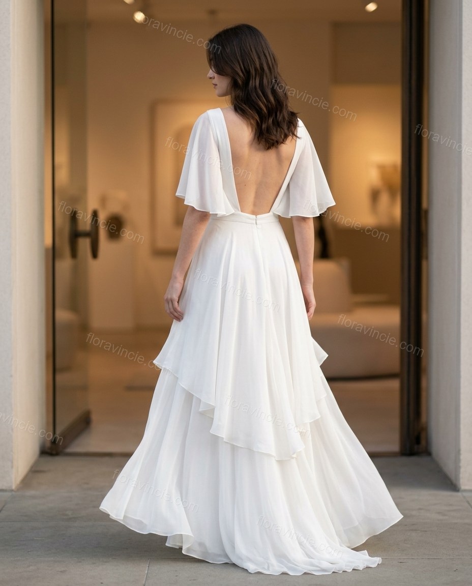 White Maxi Open-Back Ruffled Dress, three-quarter brand lifestyle view, by Floravincie