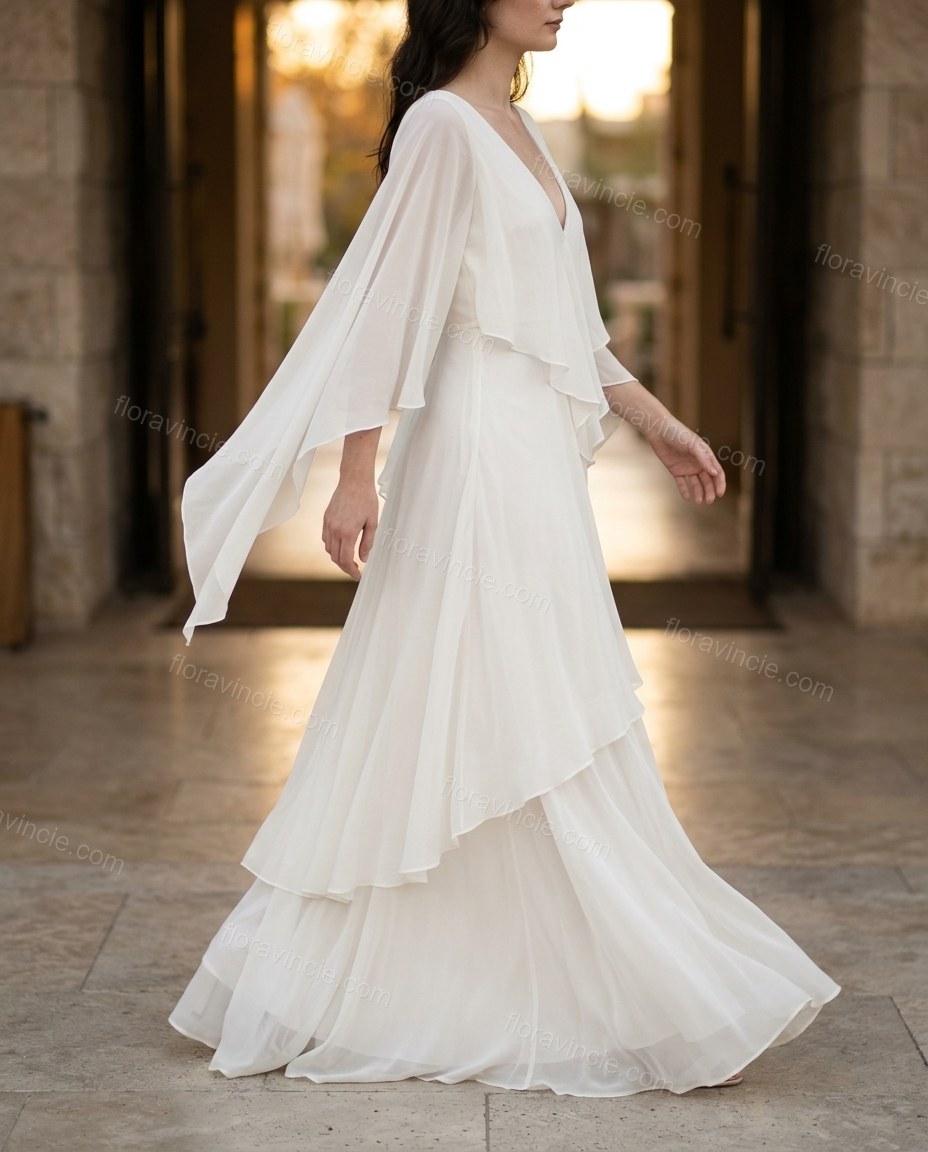 White Maxi Open-Back Ruffled Dress, movement and fit lifestyle view, by Floravincie